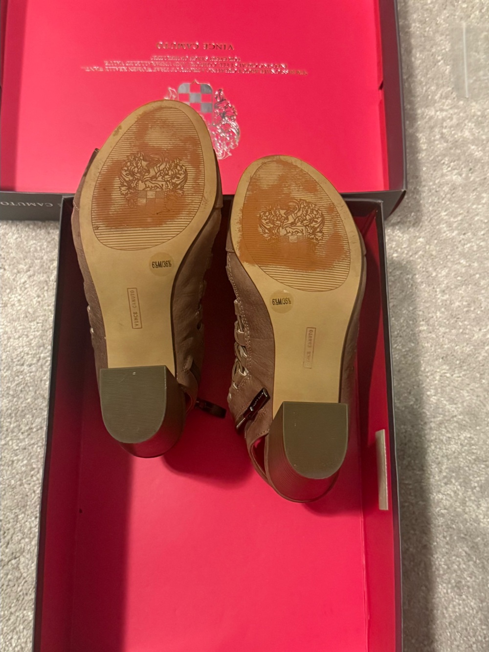 Vince Camuto Smoke Taupe Strappy Peep-Toe Heeled Sandals - Picture 2 of 4